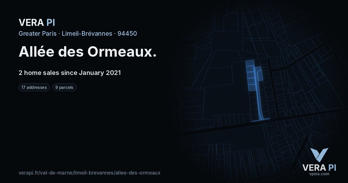 Allée des Ormeaux, Limeil-Brévannes at night – every parcel coloured by the prices around it, the street's own parcels lit