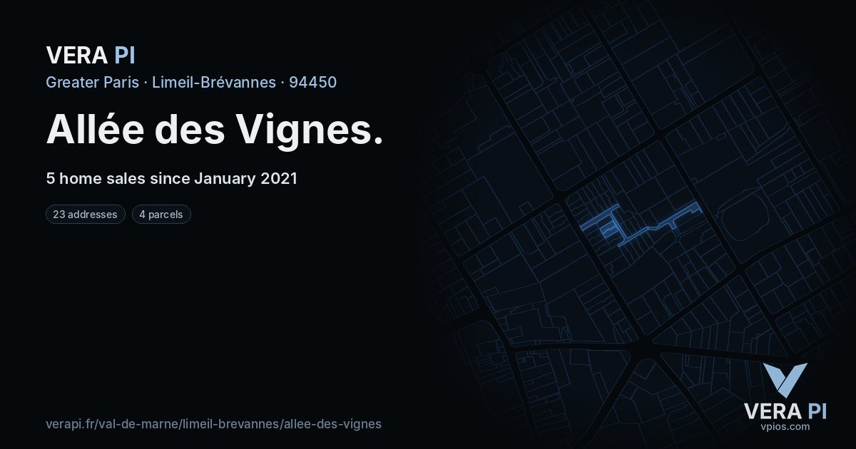 Allée des Vignes, Limeil-Brévannes at night – every parcel coloured by the prices around it, the street's own parcels lit