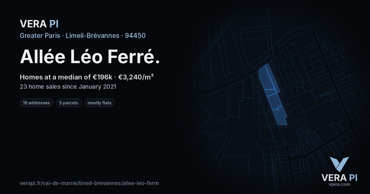 Allée Léo Ferré, Limeil-Brévannes at night – every parcel coloured by the prices around it, the street's own parcels lit
