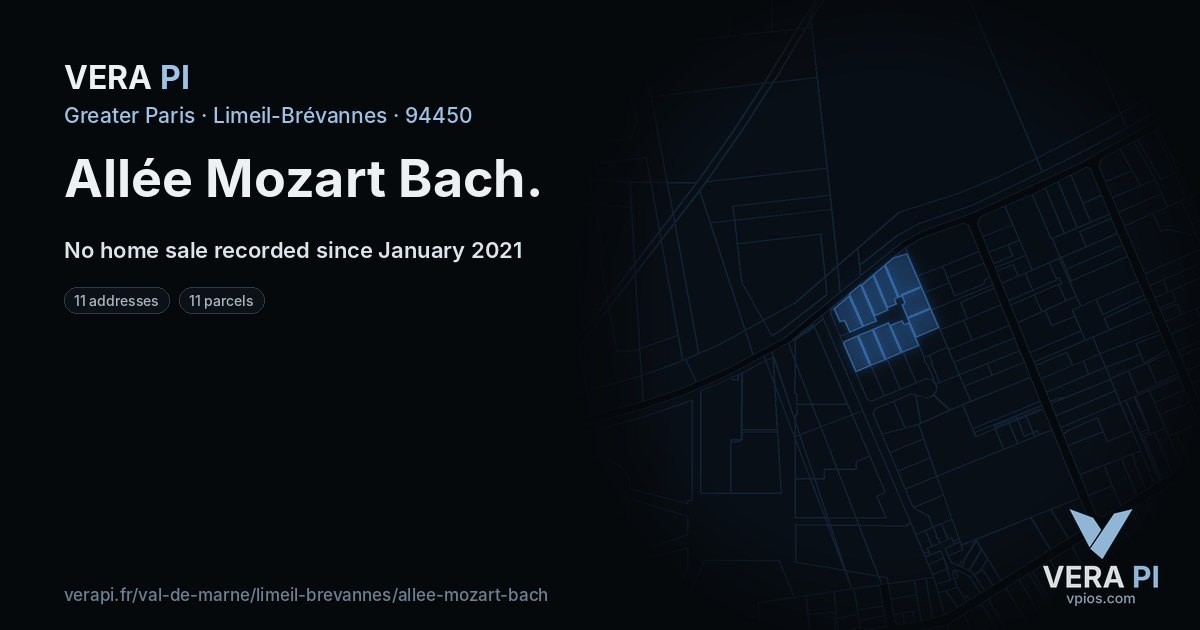 Allée Mozart Bach, Limeil-Brévannes at night – every parcel coloured by the prices around it, the street's own parcels lit