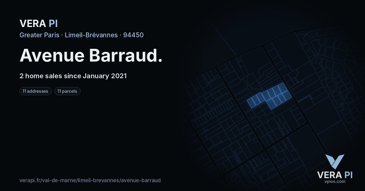 Avenue Barraud, Limeil-Brévannes at night – every parcel coloured by the prices around it, the street's own parcels lit