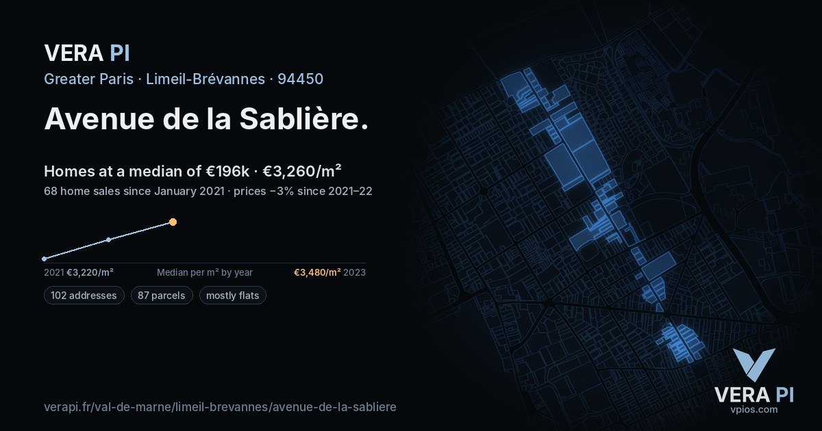 Avenue de la Sablière, Limeil-Brévannes at night – every parcel coloured by the prices around it, the street's own parcels lit