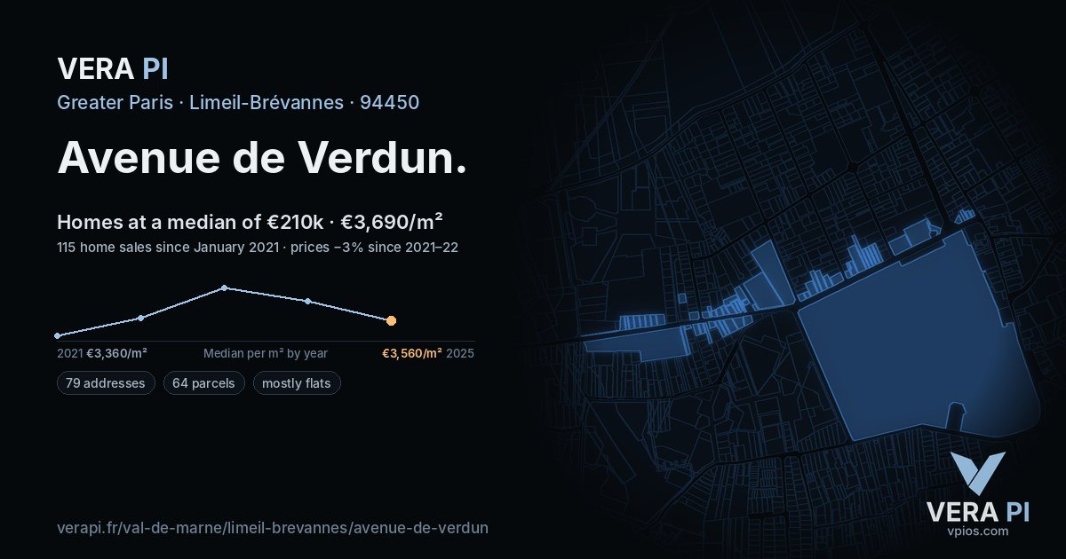 Avenue de Verdun, Limeil-Brévannes at night – every parcel coloured by the prices around it, the street's own parcels lit