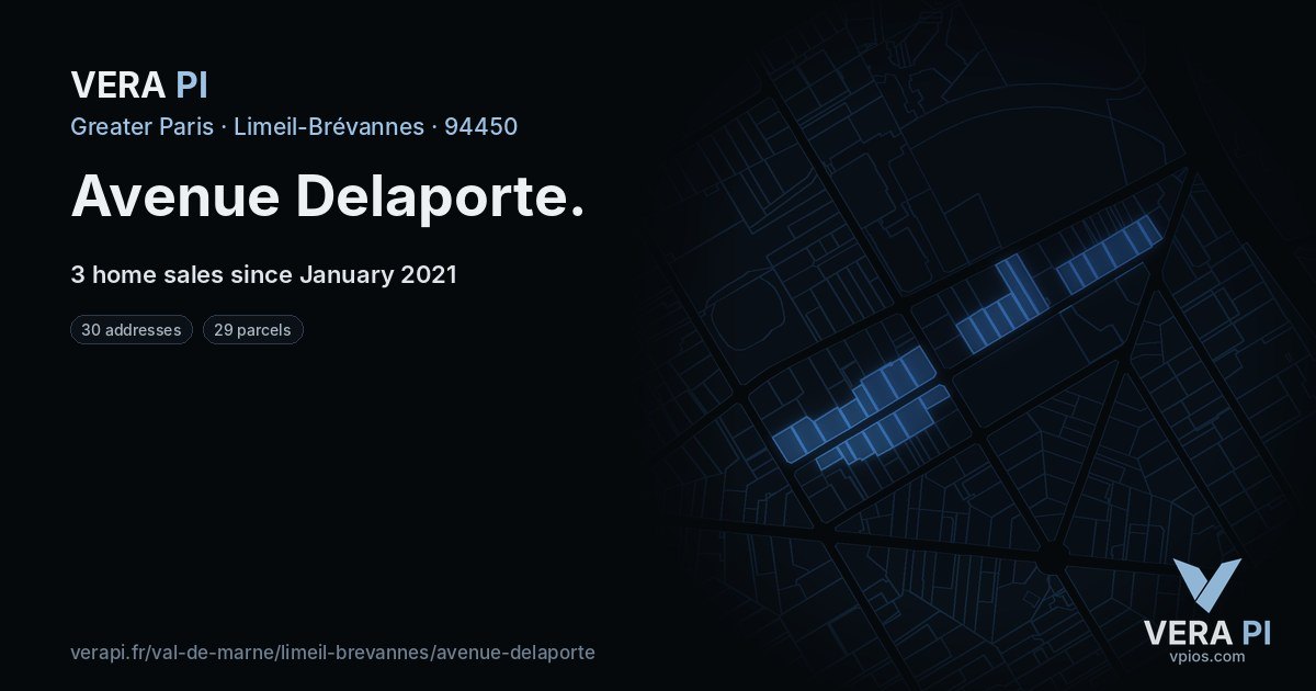 Avenue Delaporte, Limeil-Brévannes at night – every parcel coloured by the prices around it, the street's own parcels lit