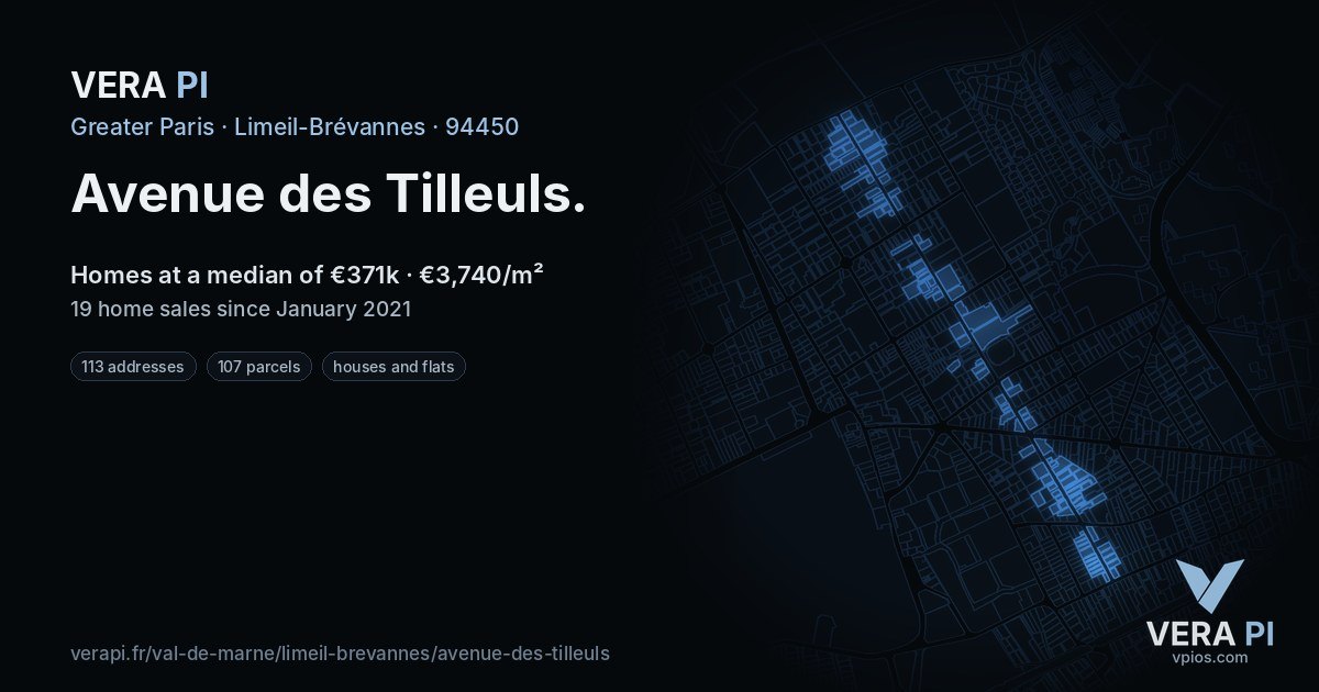 Avenue des Tilleuls, Limeil-Brévannes at night – every parcel coloured by the prices around it, the street's own parcels lit