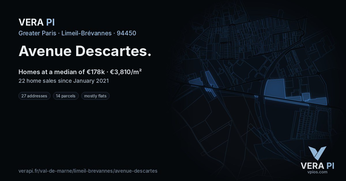 Avenue Descartes, Limeil-Brévannes at night – every parcel coloured by the prices around it, the street's own parcels lit