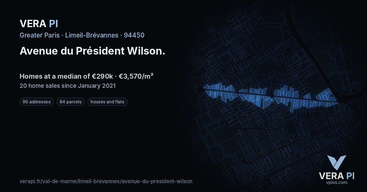 Avenue du Président Wilson, Limeil-Brévannes at night – every parcel coloured by the prices around it, the street's own parcels lit