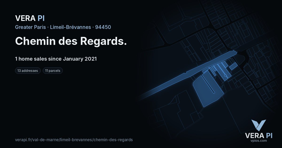 Chemin des Regards, Limeil-Brévannes at night – every parcel coloured by the prices around it, the street's own parcels lit