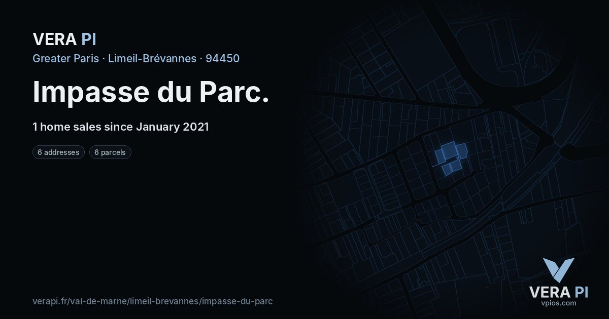 Impasse du Parc, Limeil-Brévannes at night – every parcel coloured by the prices around it, the street's own parcels lit