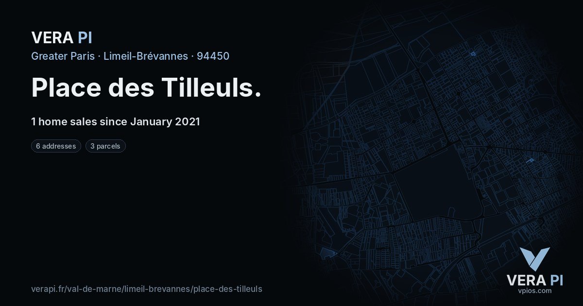 Place des Tilleuls, Limeil-Brévannes at night – every parcel coloured by the prices around it, the street's own parcels lit