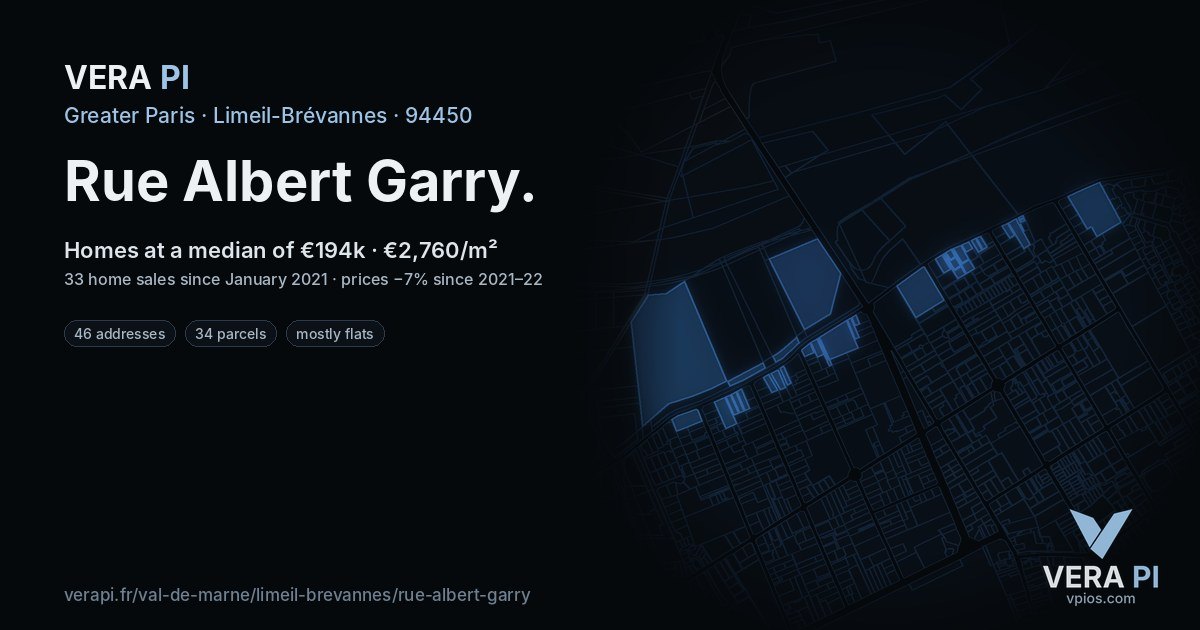Rue Albert Garry, Limeil-Brévannes at night – every parcel coloured by the prices around it, the street's own parcels lit