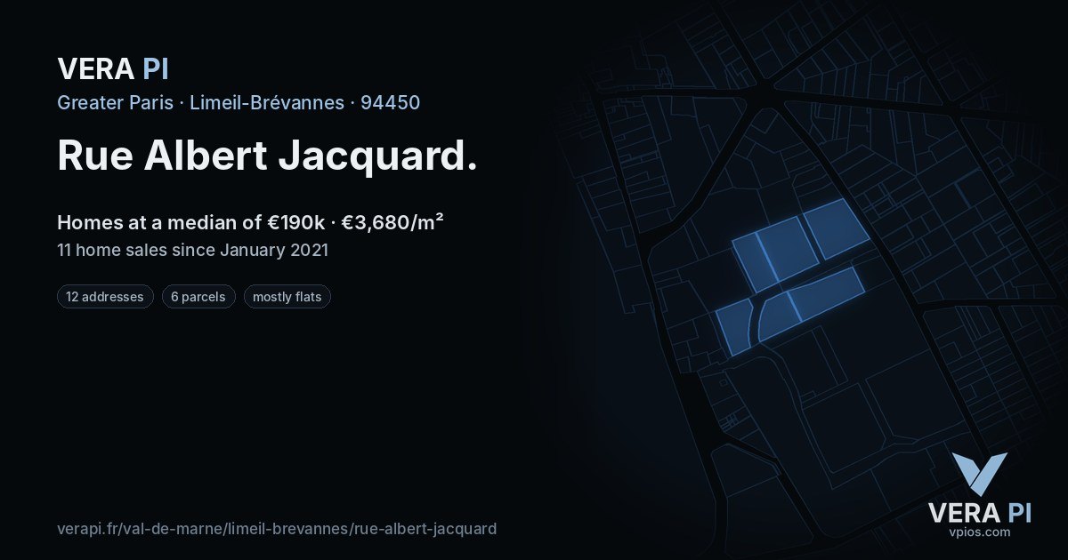 Rue Albert Jacquard, Limeil-Brévannes at night – every parcel coloured by the prices around it, the street's own parcels lit