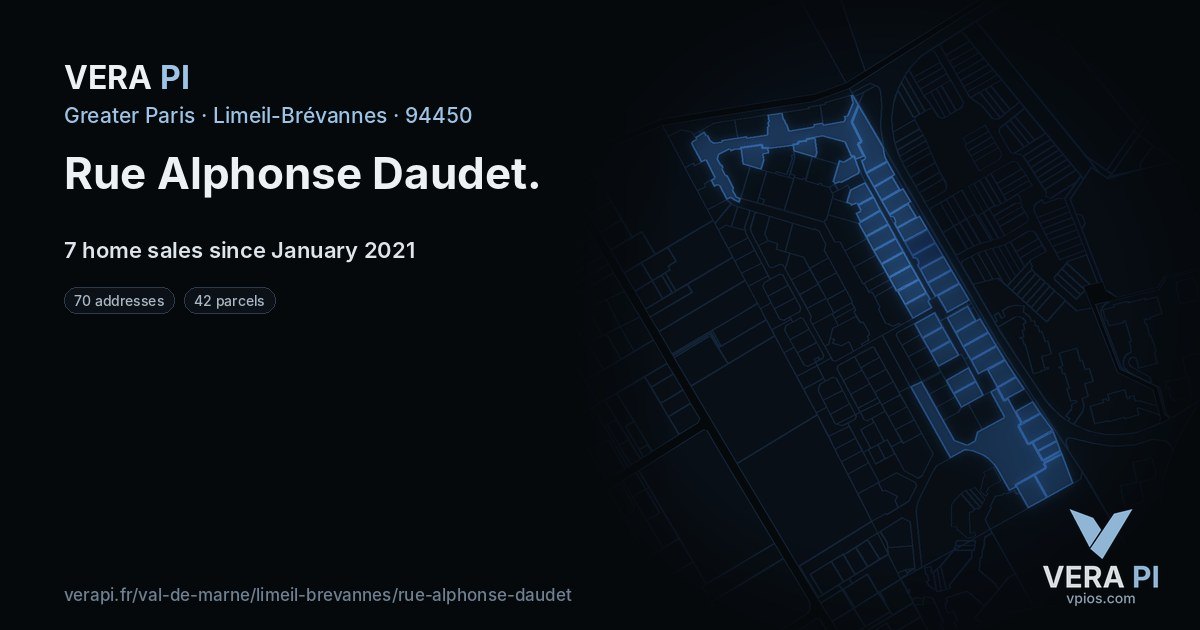 Rue Alphonse Daudet, Limeil-Brévannes at night – every parcel coloured by the prices around it, the street's own parcels lit