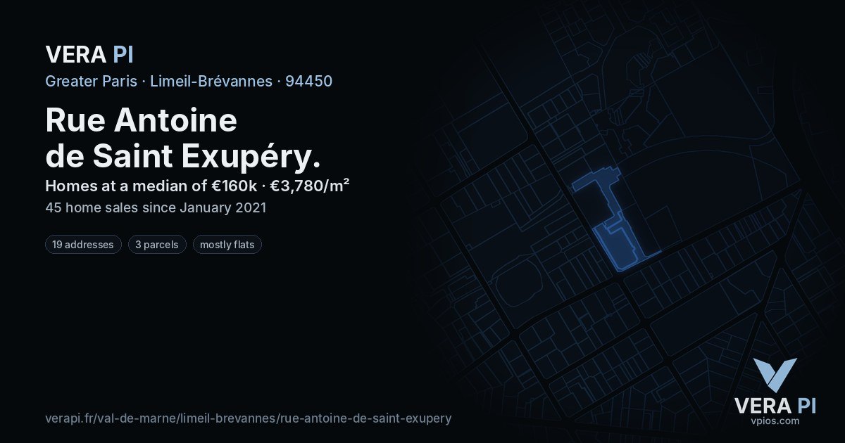 Rue Antoine de Saint Exupéry, Limeil-Brévannes at night – every parcel coloured by the prices around it, the street's own parcels lit