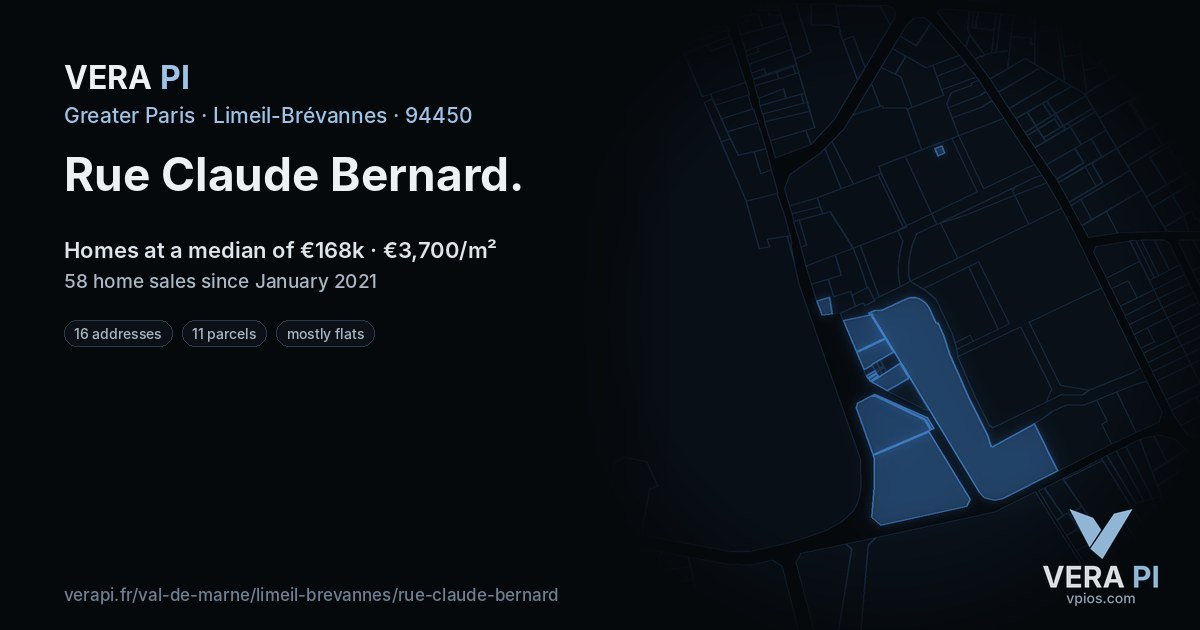 Rue Claude Bernard, Limeil-Brévannes at night – every parcel coloured by the prices around it, the street's own parcels lit