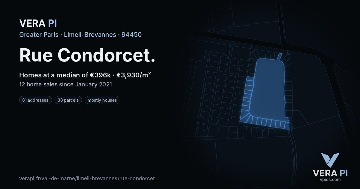 Rue Condorcet, Limeil-Brévannes at night – every parcel coloured by the prices around it, the street's own parcels lit