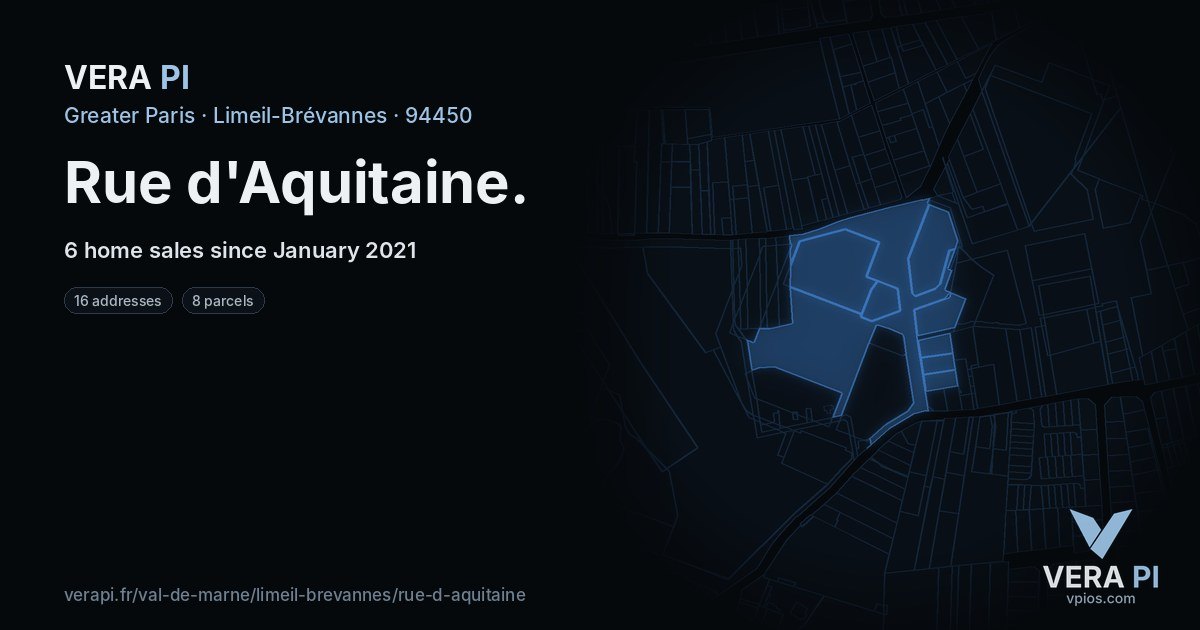 Rue d'Aquitaine, Limeil-Brévannes at night – every parcel coloured by the prices around it, the street's own parcels lit