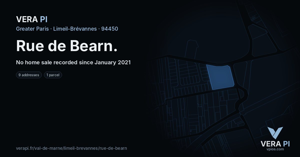 Rue de Bearn, Limeil-Brévannes at night – every parcel coloured by the prices around it, the street's own parcels lit