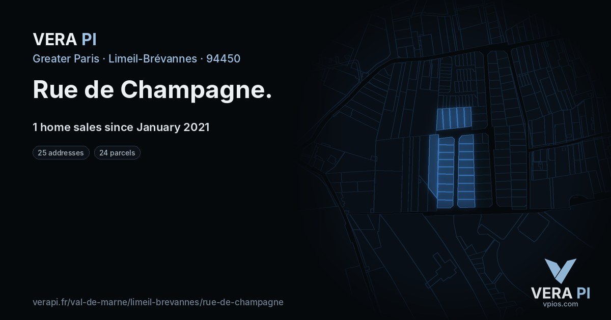 Rue de Champagne, Limeil-Brévannes at night – every parcel coloured by the prices around it, the street's own parcels lit