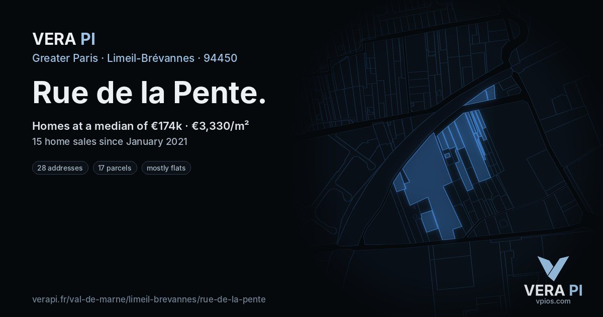 Rue de la Pente, Limeil-Brévannes at night – every parcel coloured by the prices around it, the street's own parcels lit