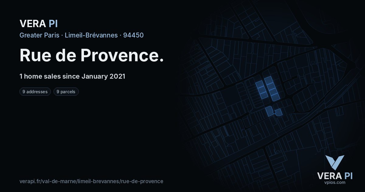 Rue de Provence, Limeil-Brévannes at night – every parcel coloured by the prices around it, the street's own parcels lit