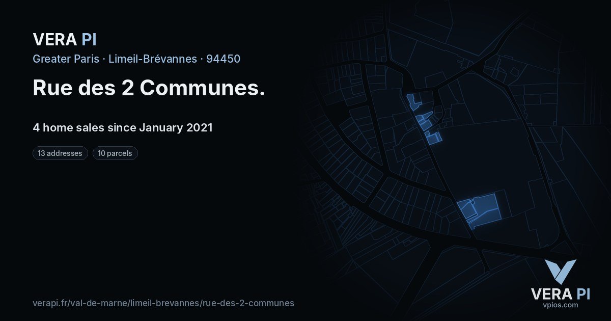 Rue des 2 Communes, Limeil-Brévannes at night – every parcel coloured by the prices around it, the street's own parcels lit