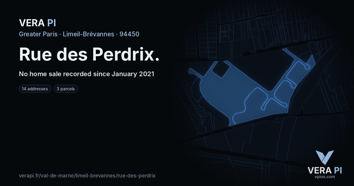 Rue des Perdrix, Limeil-Brévannes at night – every parcel coloured by the prices around it, the street's own parcels lit