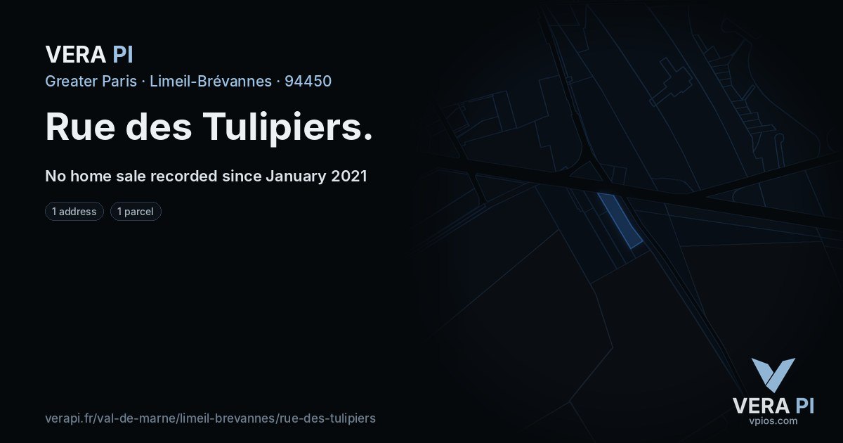 Rue des Tulipiers, Limeil-Brévannes at night – every parcel coloured by the prices around it, the street's own parcels lit
