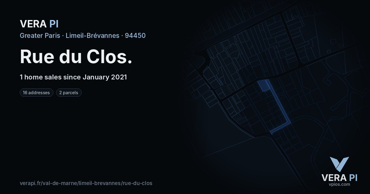 Rue du Clos, Limeil-Brévannes at night – every parcel coloured by the prices around it, the street's own parcels lit