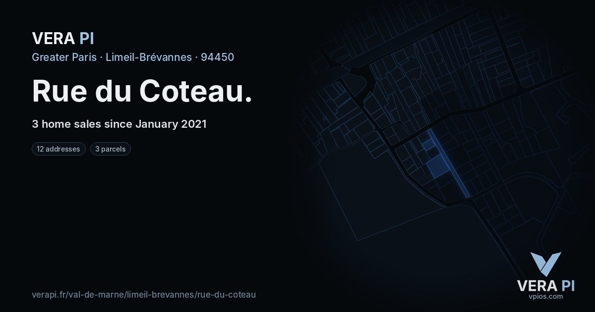 Rue du Coteau, Limeil-Brévannes at night – every parcel coloured by the prices around it, the street's own parcels lit