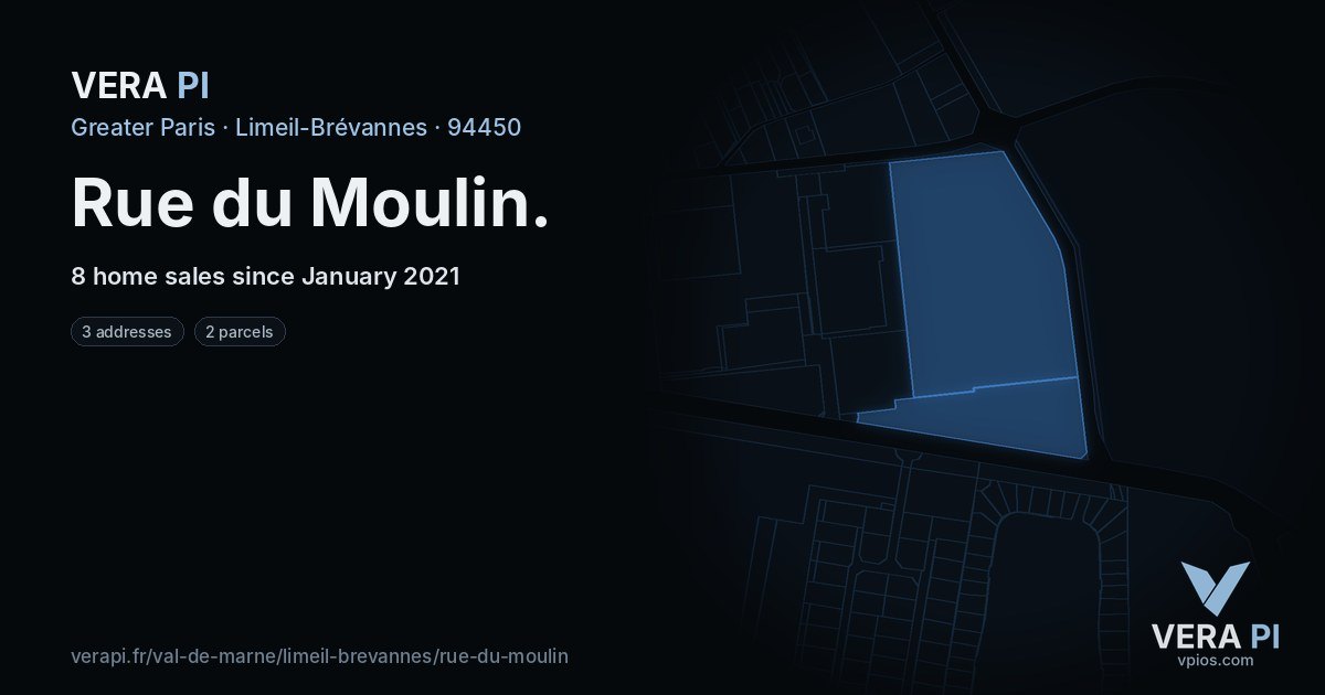 Rue du Moulin, Limeil-Brévannes at night – every parcel coloured by the prices around it, the street's own parcels lit