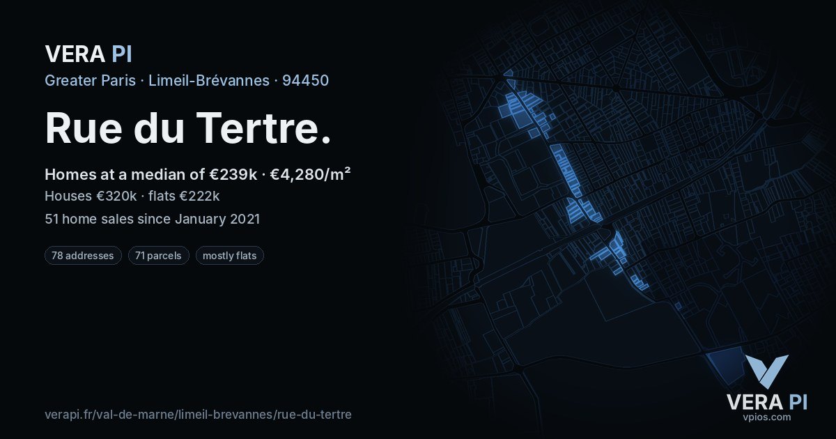 Rue du Tertre, Limeil-Brévannes at night – every parcel coloured by the prices around it, the street's own parcels lit