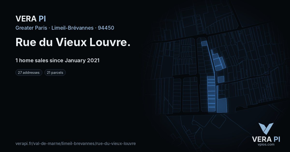 Rue du Vieux Louvre, Limeil-Brévannes at night – every parcel coloured by the prices around it, the street's own parcels lit