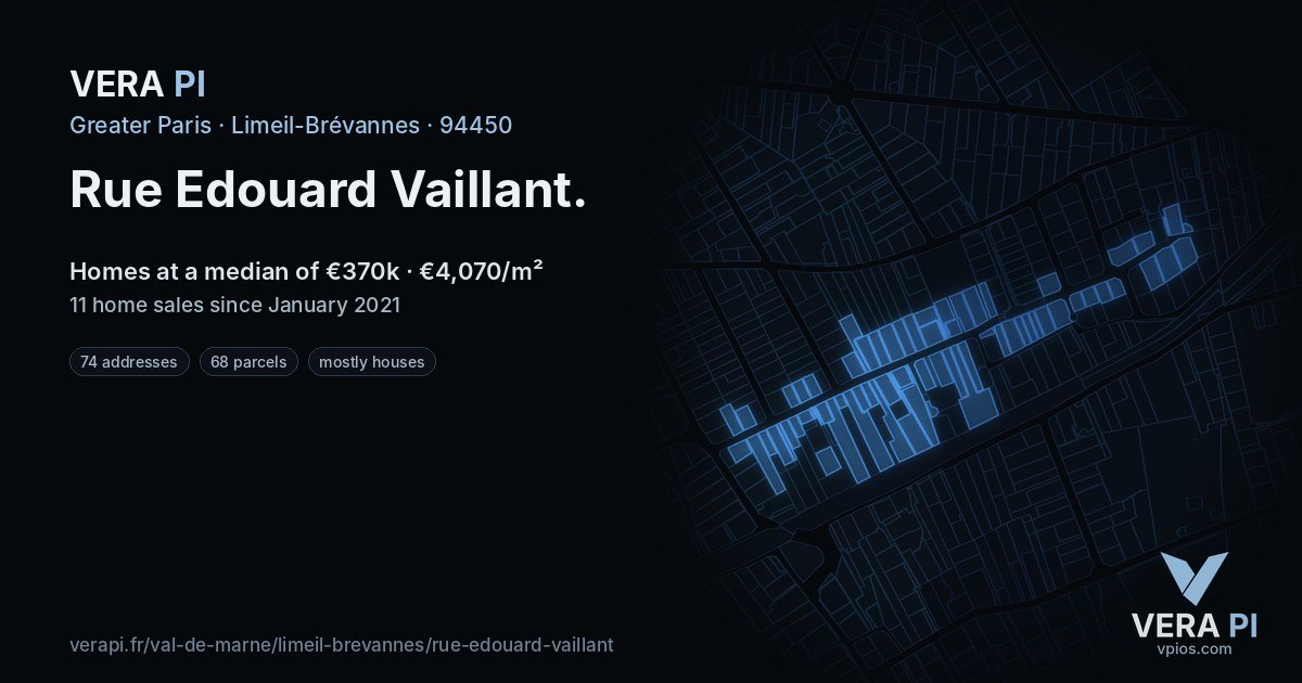 Rue Edouard Vaillant, Limeil-Brévannes at night – every parcel coloured by the prices around it, the street's own parcels lit