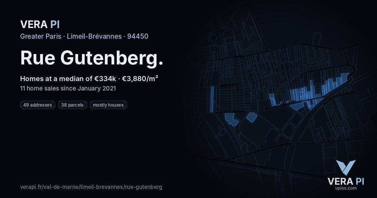 Rue Gutenberg, Limeil-Brévannes at night – every parcel coloured by the prices around it, the street's own parcels lit