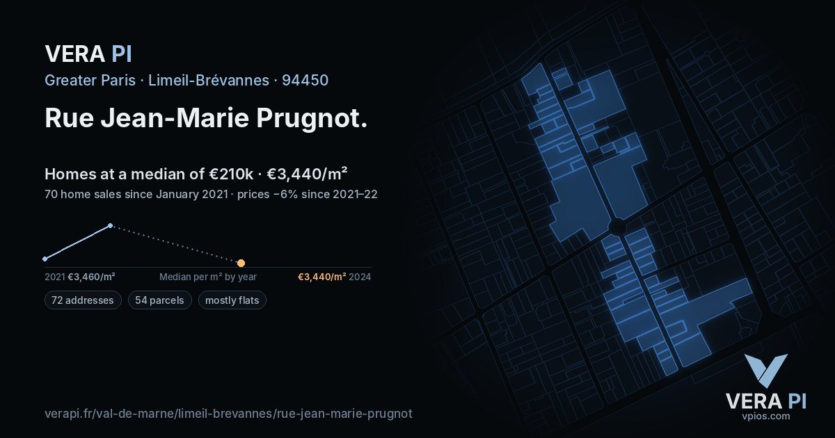 Rue Jean-Marie Prugnot, Limeil-Brévannes at night – every parcel coloured by the prices around it, the street's own parcels lit