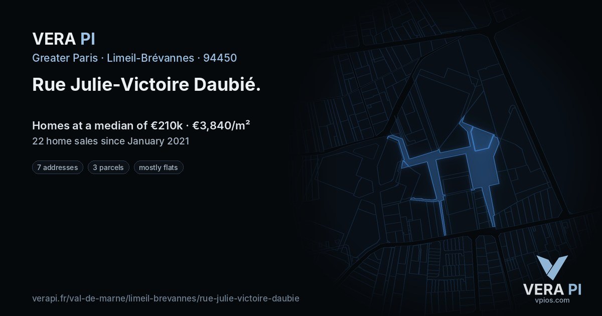 Rue Julie-Victoire Daubié, Limeil-Brévannes at night – every parcel coloured by the prices around it, the street's own parcels lit
