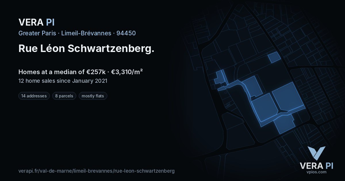 Rue Léon Schwartzenberg, Limeil-Brévannes at night – every parcel coloured by the prices around it, the street's own parcels lit