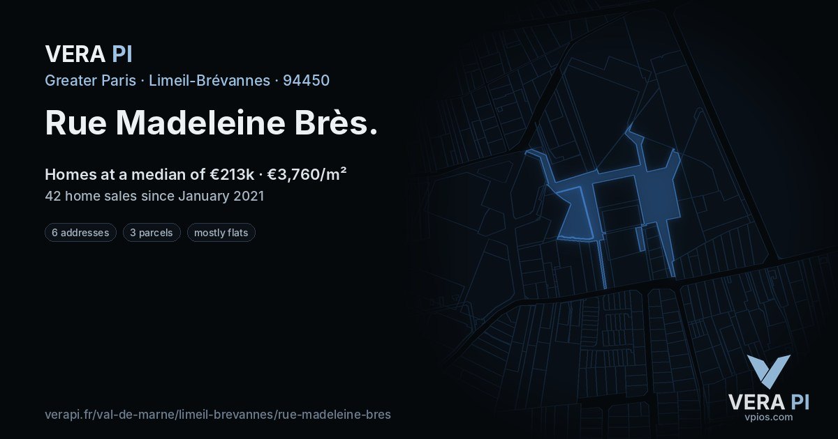 Rue Madeleine Brès, Limeil-Brévannes at night – every parcel coloured by the prices around it, the street's own parcels lit