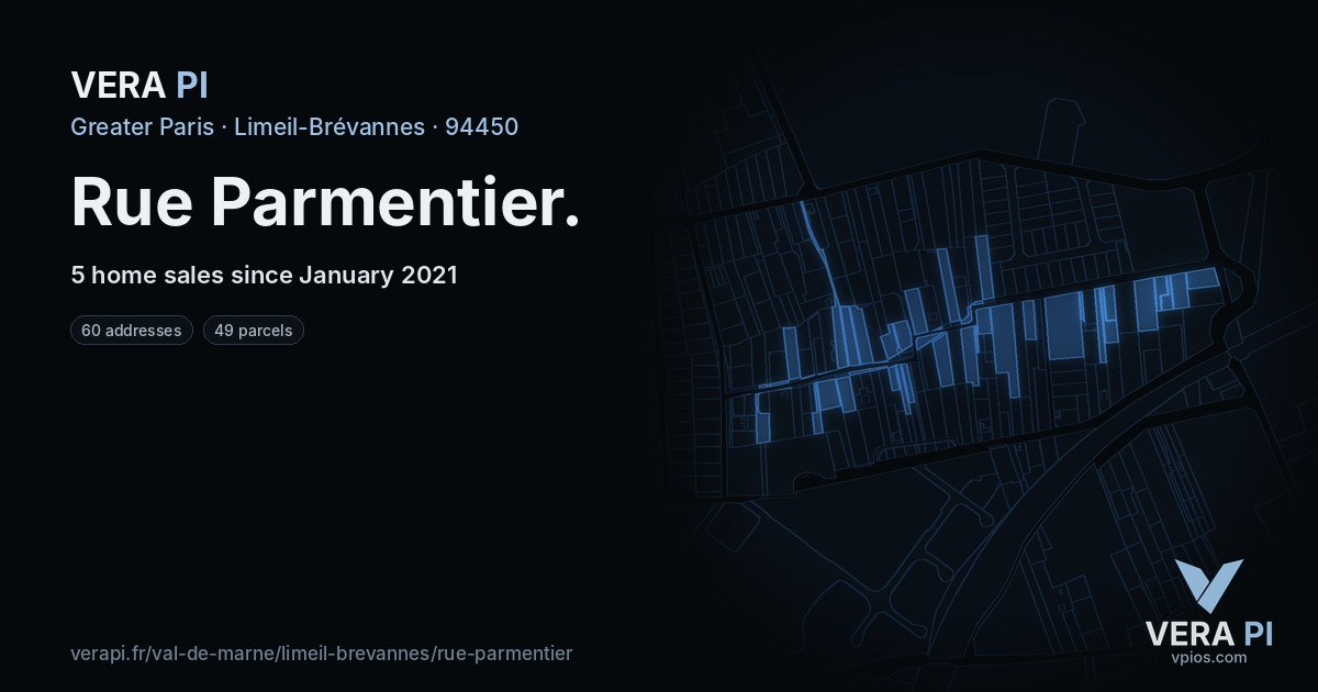Rue Parmentier, Limeil-Brévannes at night – every parcel coloured by the prices around it, the street's own parcels lit