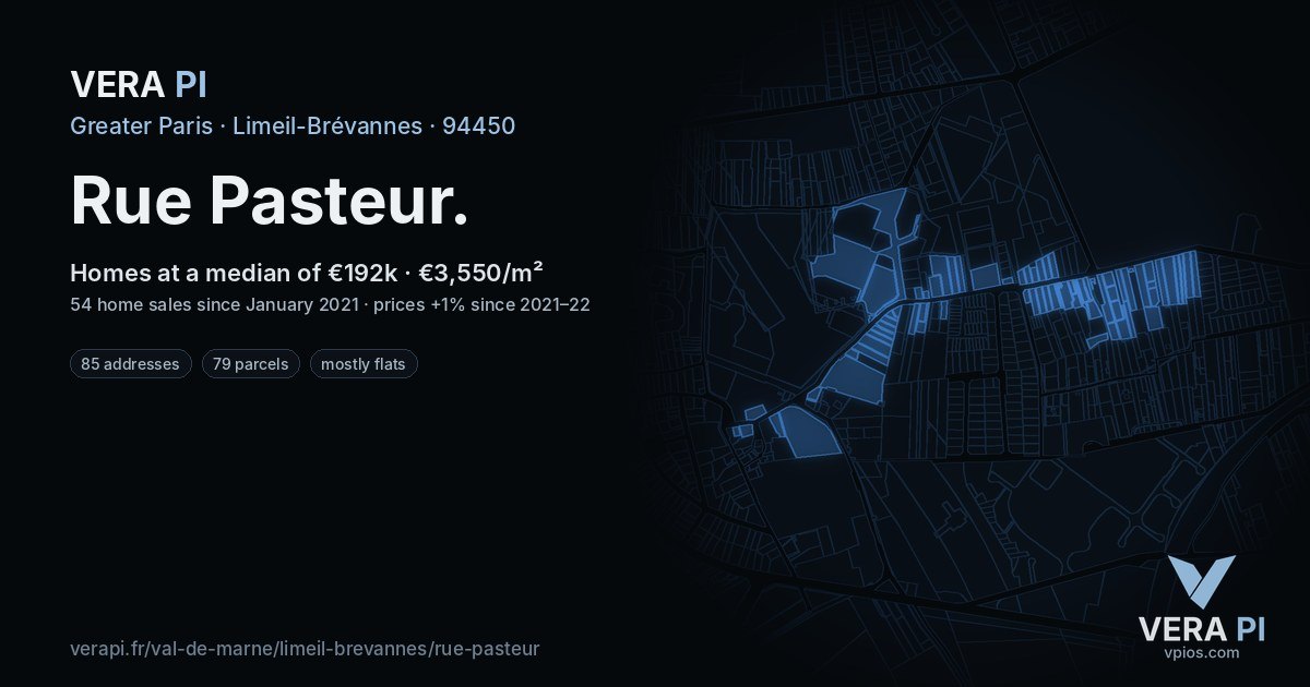 Rue Pasteur, Limeil-Brévannes at night – every parcel coloured by the prices around it, the street's own parcels lit