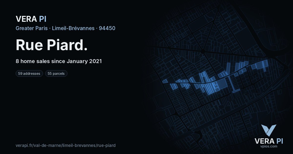 Rue Piard, Limeil-Brévannes at night – every parcel coloured by the prices around it, the street's own parcels lit
