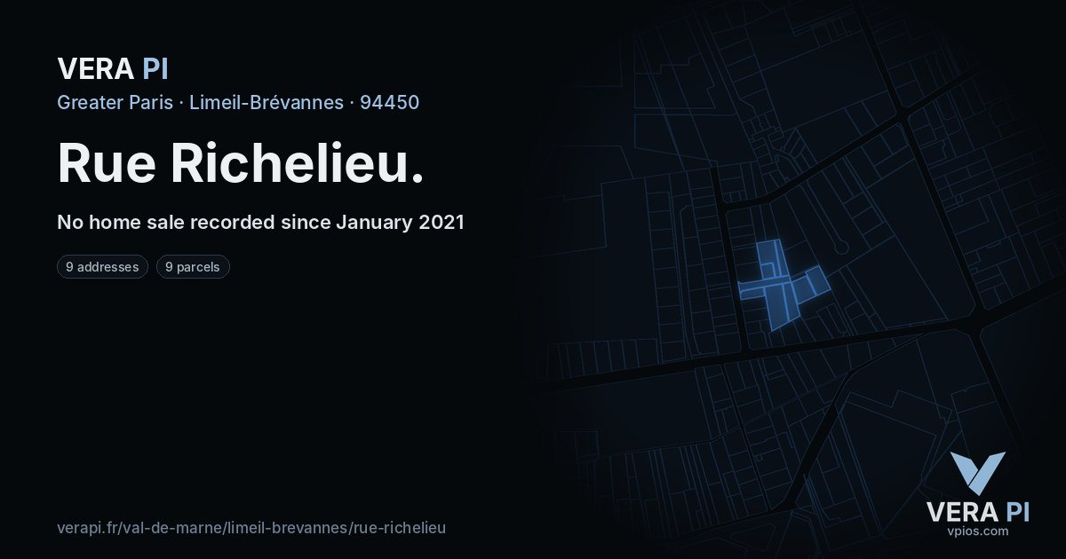 Rue Richelieu, Limeil-Brévannes at night – every parcel coloured by the prices around it, the street's own parcels lit