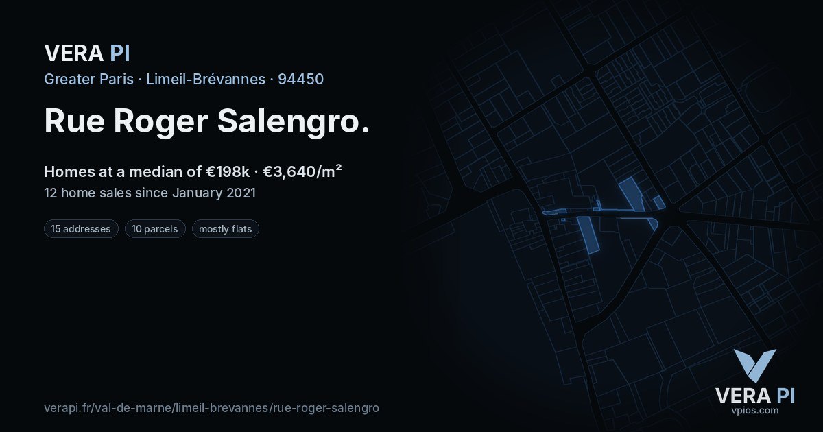 Rue Roger Salengro, Limeil-Brévannes at night – every parcel coloured by the prices around it, the street's own parcels lit