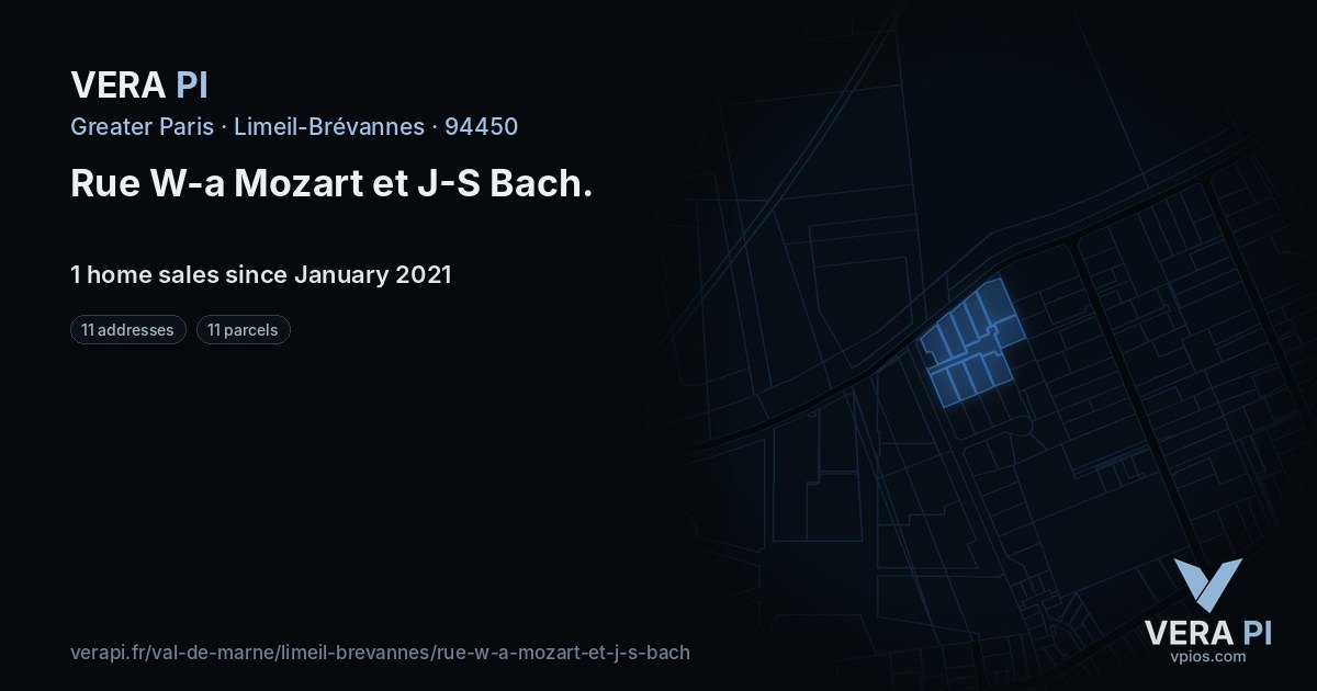 Rue W-a Mozart et J-S Bach, Limeil-Brévannes at night – every parcel coloured by the prices around it, the street's own parcels lit