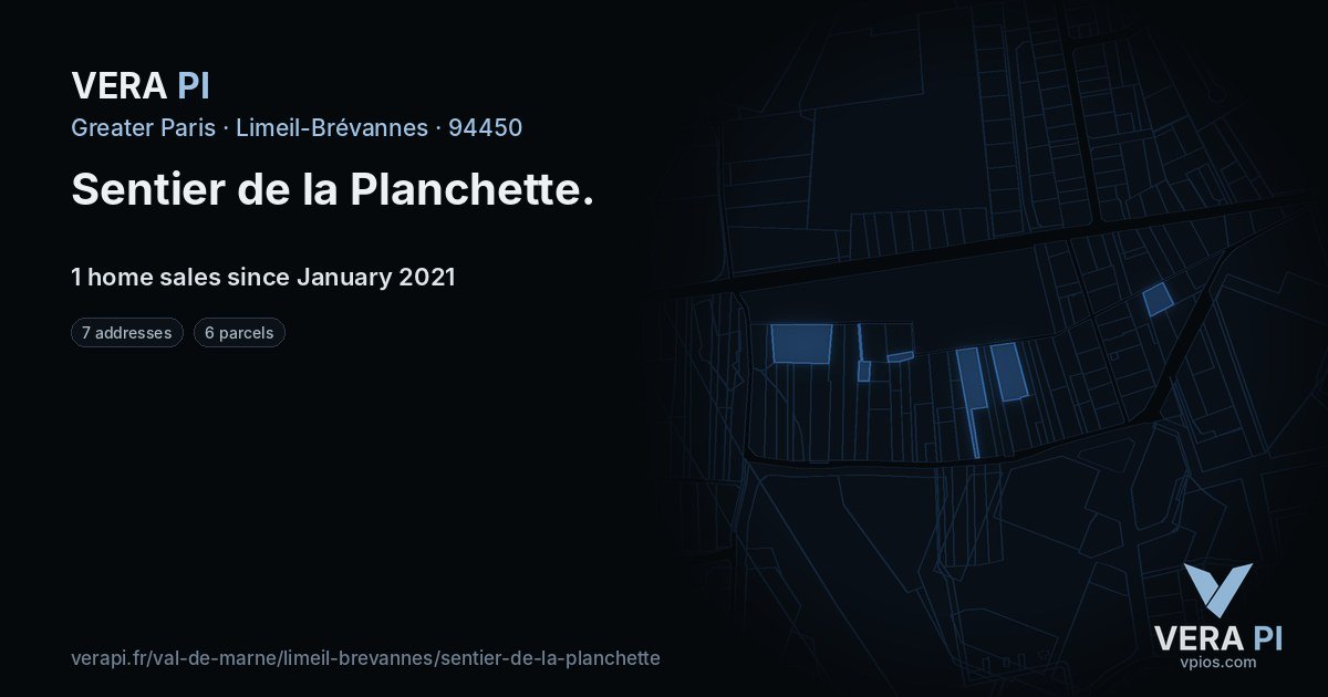 Sentier de la Planchette, Limeil-Brévannes at night – every parcel coloured by the prices around it, the street's own parcels lit