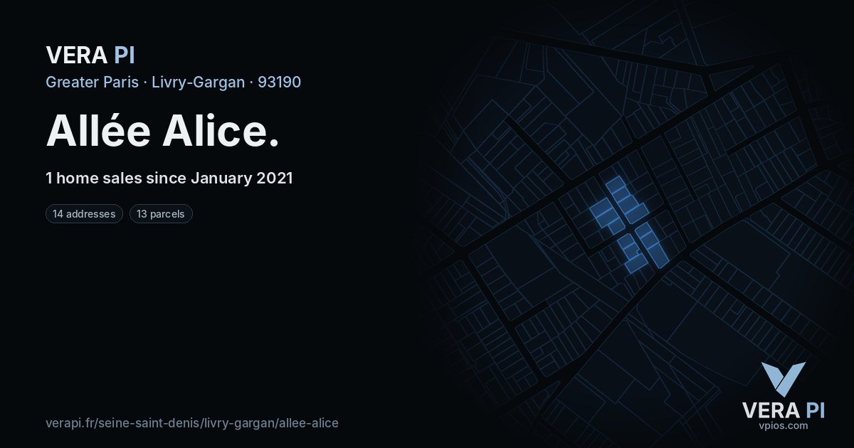 Allée Alice, Livry-Gargan at night – every parcel coloured by the prices around it, the street's own parcels lit
