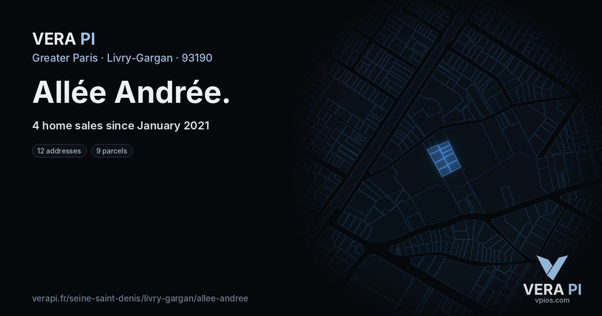 Allée Andrée, Livry-Gargan at night – every parcel coloured by the prices around it, the street's own parcels lit