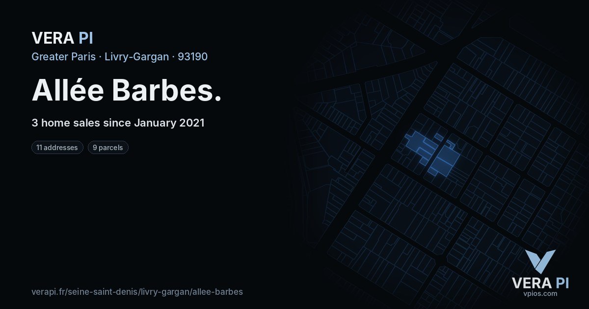 Allée Barbes, Livry-Gargan at night – every parcel coloured by the prices around it, the street's own parcels lit