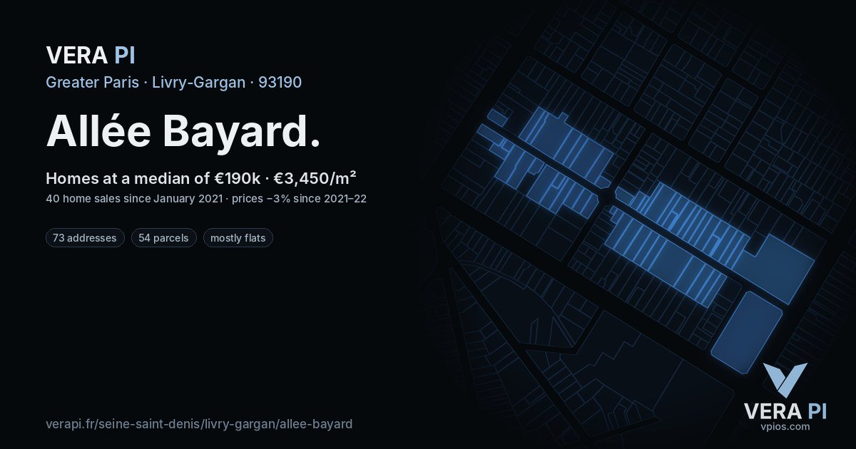 Allée Bayard, Livry-Gargan at night – every parcel coloured by the prices around it, the street's own parcels lit
